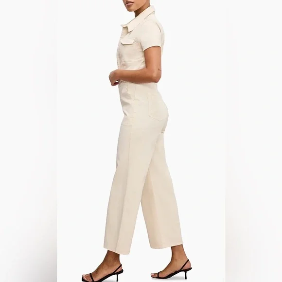 Good American Fit For Success Twill Palazzo Crop Jumpsuit in Ecru, Size: Large - Picture 2 of 14